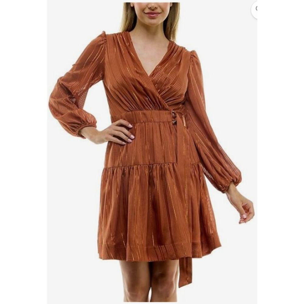 Taylor Lurex Shadow Stripe Surplice V-Neck Long Sleeve faux Wrap bronze Dress 4